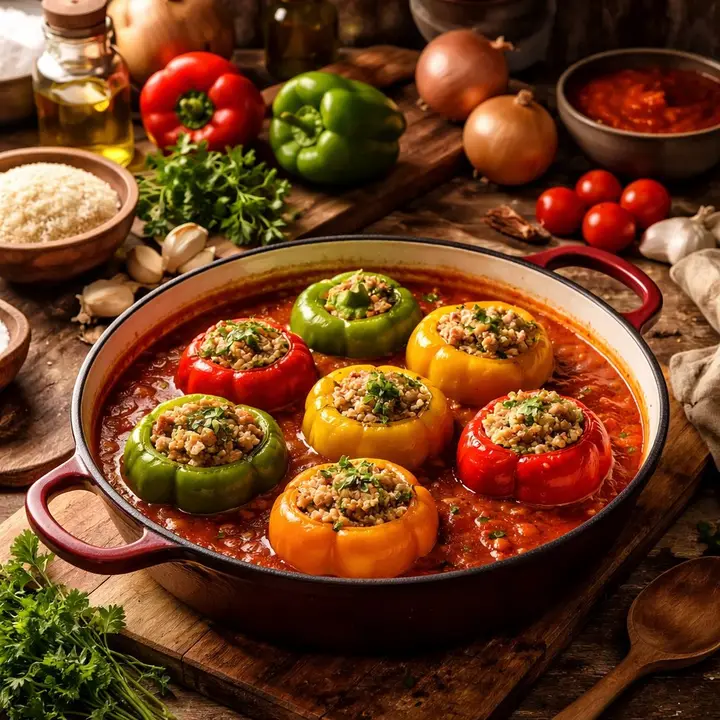 Recept za polnjene paprike v paradižnikovi omaki, ki uspejo sočno in brez razpada nadeva