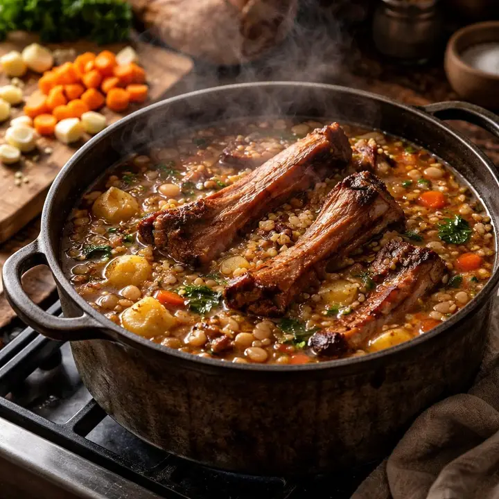 Recept za ričet z rebrci, ki uspe brez prežganja in brez vodene osnove