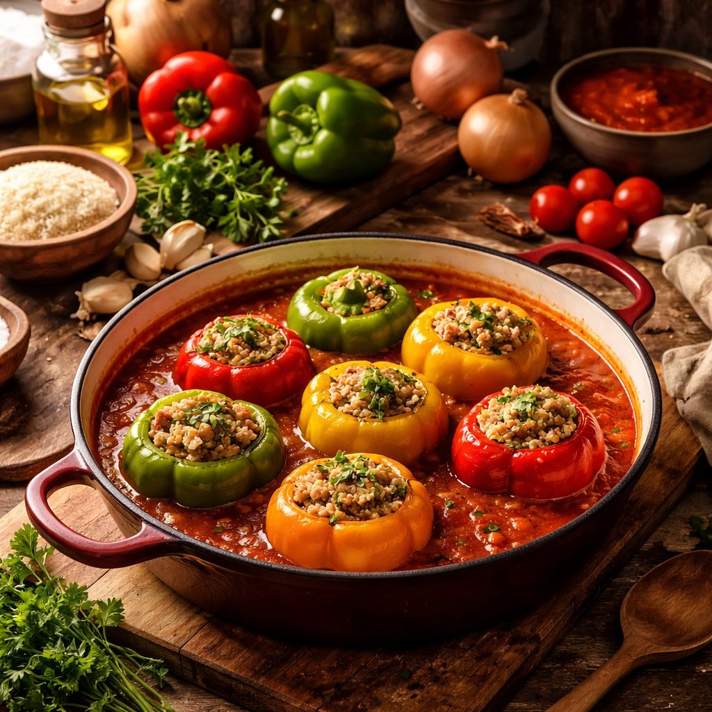 Recept za polnjene paprike v paradižnikovi omaki, ki uspejo sočno in brez razpada nadeva