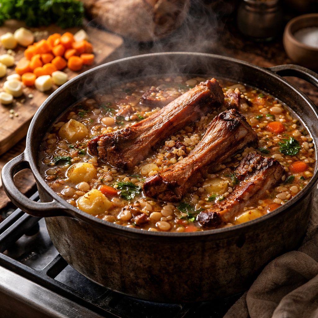 Recept za ričet z rebrci, ki uspe brez prežganja in brez vodene osnove
