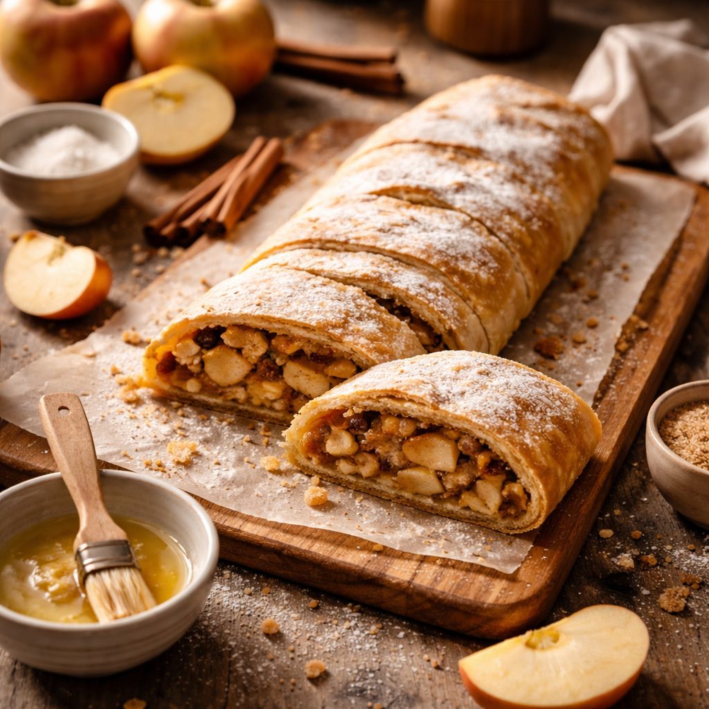 Recept za jabolčni zavitek iz vlečenega testa, ki ostane hrustljav in sočen